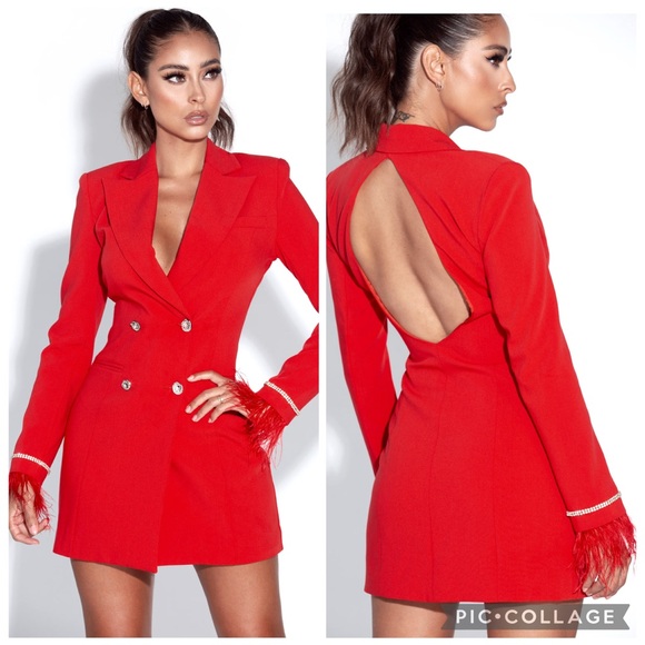 Miss Circle Dresses & Skirts - Miss Circle Quilla Red Backless Feather Crystal Sleeve Blazer Dress Size NWT